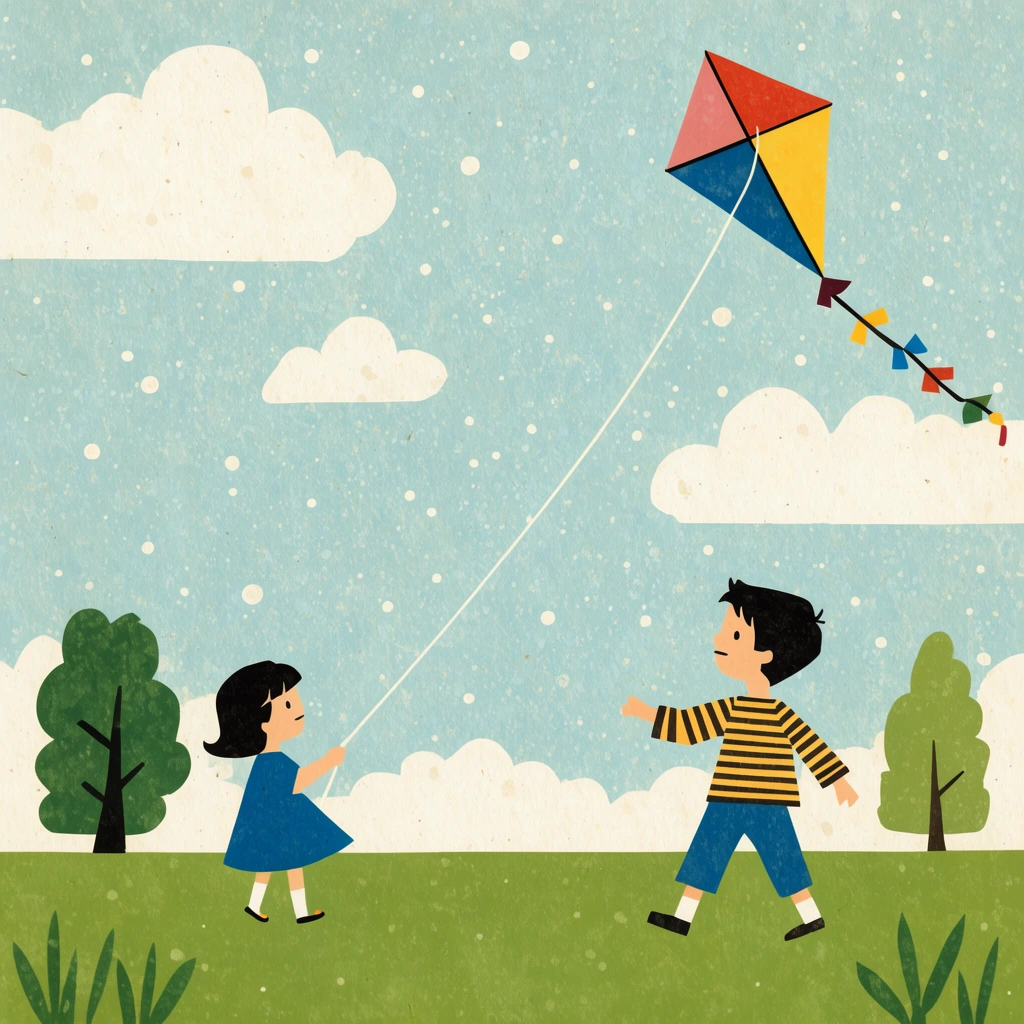 vintage children's illustration, boy and girl flying a colorful diamond kite, green field, stylized trees, fluffy clouds, light blue sky speckled with white dots, flat shapes, muted colors, paper texture