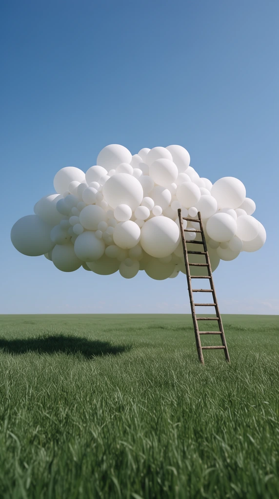 Surreal landscape, floating cloud formed by clustered matte white balloons of varying sizes, tall rustic wooden ladder leaning against the right edge of the balloon cloud, vast expanse of vibrant green grass, clear bright blue sky, minimalist composition, crisp daylight photography, hyper-realistic surrealism