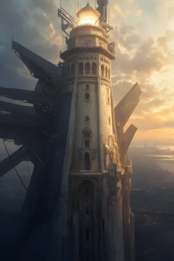 Monumental Industrial Golden Haze style reference image — hazy atmospheric perspective