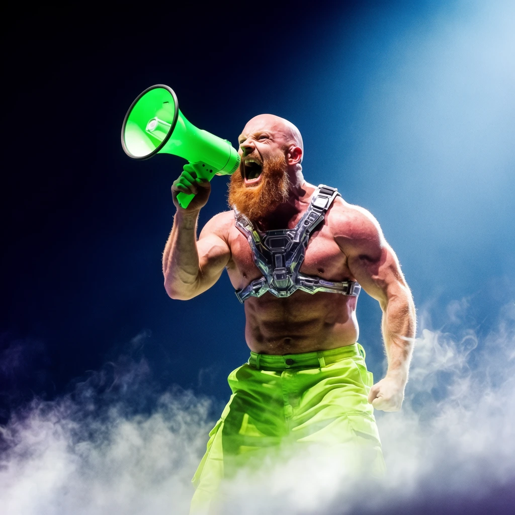 A heavily muscled, bald Caucasian man with a thick ginger beard screams intensely into a glowing neon green megaphone during a dramatic stage performance. The shirtless performer wears a futuristic metallic silver chest harness and neon green cargo pants, captured from the waist up in a dynamic pose with his mouth wide open. Thick, rolling white fog obscures his lower body and the stage floor. The background features a stark, smooth gradient of deep navy blue transitioning to a bright icy blue spotlight illuminating the performer from the upper right. The scene uses visceral concert photography framing with dramatic chiaroscuro lighting and high contrast to emphasize raw emotion.