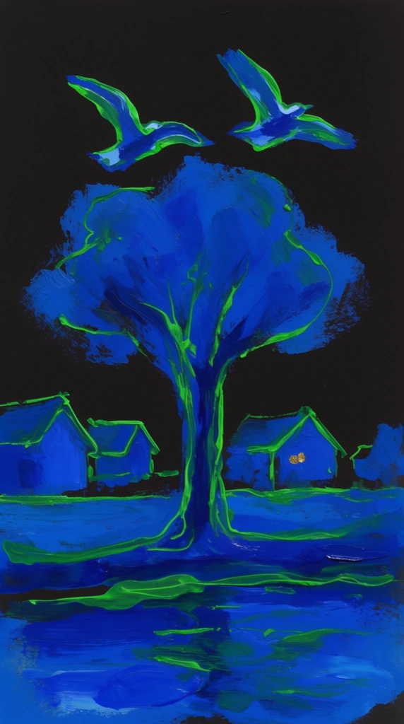 A single central tree anchors the composition, with two birds flying directly above its canopy, distant houses resting in the background, and a body of water spanning the foreground, all rendered in thick, highly expressive ultramarine and cobalt blue paint isolated against a solid, stark black canvas. Fluid, trailing lines of electric neon green paint organically overlay the heavy blue forms, heavily applied to trace the vertical ridges of the tree trunk, the sweeping contours of the flying birds, the geometric edges of the houses, and the horizontal ripples of the foreground water. The raw, painterly execution features highly visible impasto brushstrokes, uneven dry-brush edges, and concentrated pools of vibrant pigment that create a luminous, glowing effect against the dark background. A solitary, tiny speck of warm gold paint is embedded in one of the distant houses, providing a singular point of warm contrast to the vivid cool-toned palette. The loose, gestural, wet-on-wet paint application floats entirely unsupported within the stark black environment.