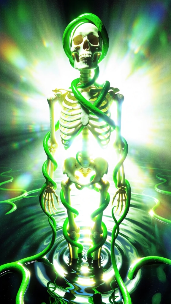 a full-body skeleton wrapped in thick green vines standing in dark rippling water, the figure is a blindingly bright white silhouette radiating intense lens flare and light-burst effects, hyper-saturated electric green color treatment, lo-fi digital film grain, harsh overexposed highlights with heavy bloom, wide-angle perspective, early 2000s ethereal trance aesthetic, chromatic aberration, crushed shadows, radiant spiritual energy, spectral light, high-contrast glow