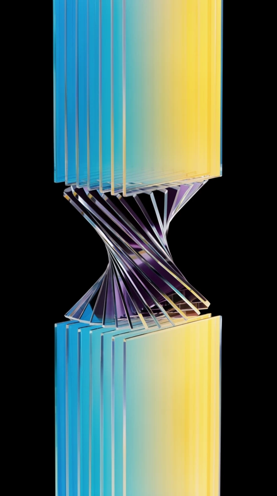 A vertical column of thin, transparent rectangular plates features a sharp helical twist in its center against a pitch-black void. The geometric glass stack refracts a vibrant light gradient from deep cyan on the left edges to glowing yellow on the right. The staggered middle section exposes sharp overlapping corners catching dark purple reflections, creating an abstract, high-contrast composition defined by luminous optical refraction and pristine material textures.