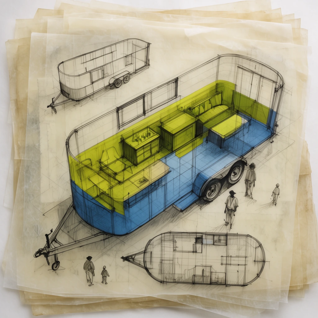 layered architectural sketches on vellum, isometric trailer layout, yellow-green and blue color blocks, tiny drawn figures, translucent paper overlay, black ink oval floor plans, drafting aesthetic