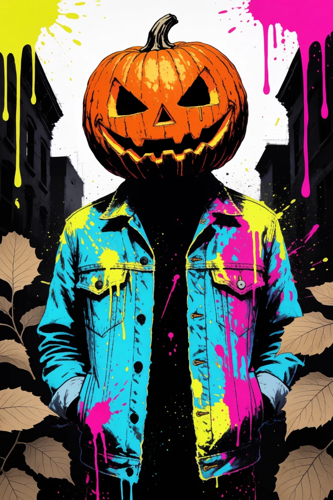 Figure with a carved jack-o'-lantern head and denim jacket, splattered with neon cyan, pink, and yellow paint. Dark silhouetted urban buildings and large tan leaves frame the centered subject. Dripping paint in the upper corners enhances the high-contrast street art illustration style.