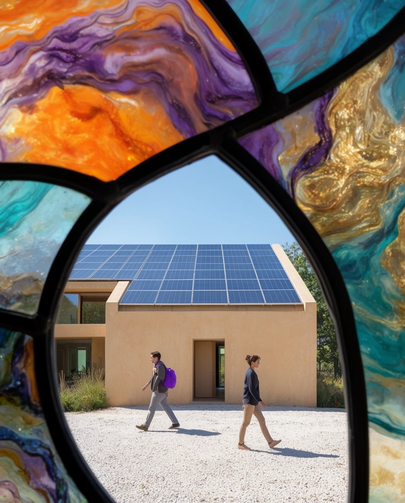 Thick black lead lines of an abstract stained glass window frame a sunlit minimalist tan house. The upper glass panels feature swirling, marbled textures in vibrant orange, purple, teal, and gold. Through the clear central opening, the modern house displays a sloped roof covered in rectangular blue solar panels. On a bright gravel driveway in front of the building, two people walk in opposite directions, one carrying a bright purple backpack. Sharp shadows fall across the ground, highlighting the crisp architectural realism in stark contrast to the surreal, colorful, fluid shapes of the heavy foreground border.