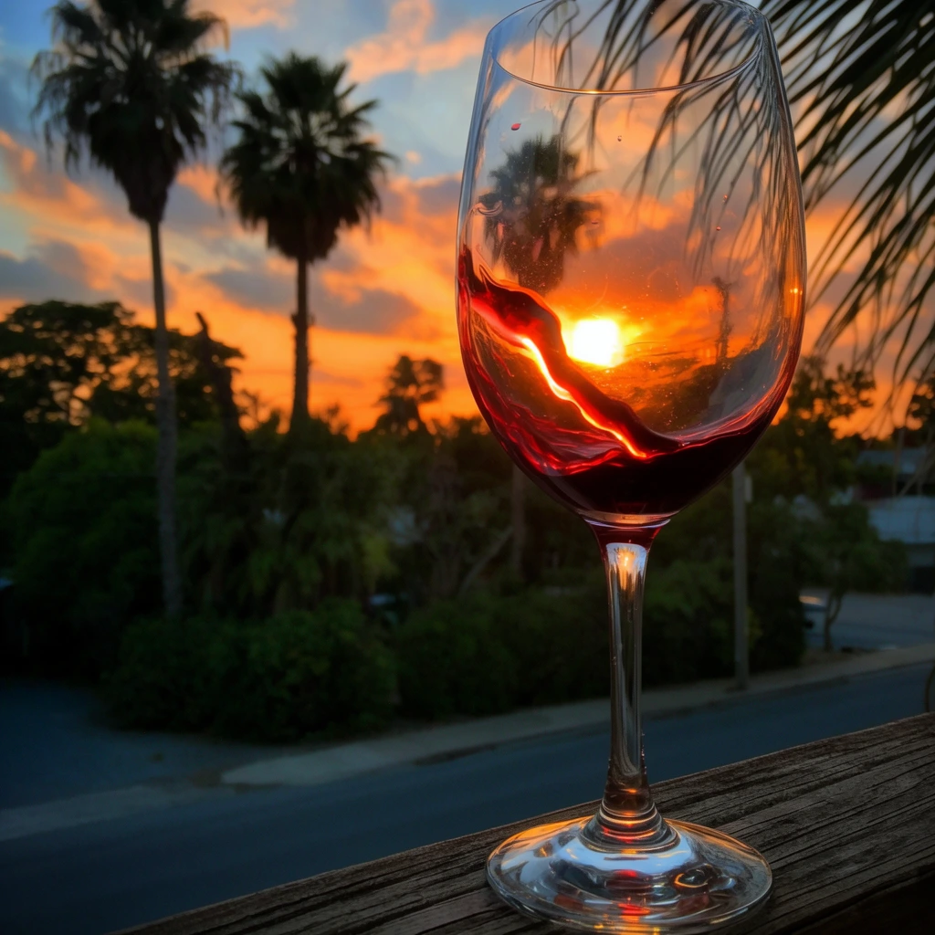 A clear wine glass with a splash of dark red liquid sits on a weathered wooden railing against a vibrant sunset. The glass bowl perfectly frames and refracts the glowing orange sun, creating a luminous optical illusion inside the crystal. The background features a dramatic sky of orange and blue clouds, towering palm tree silhouettes, and dense foliage bordering a quiet street. A subtle reflection of palm fronds appears across the upper right. The close-up composition uses warm natural lighting and a shallow depth of field to contrast the sharp foreground glassware with the expansive evening sky.