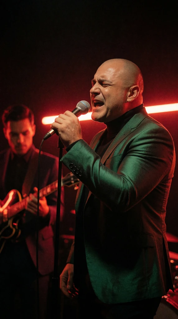 A bald man with a robust jawline passionately sings into a sleek modern microphone on a dimly lit stage. He wears an emerald green silk blazer over a dark turtleneck. Behind him to the left, an out-of-focus bandmate in a dark suit plays an electric guitar. The cinematic 35mm composition features heavy grain and deep crimson ambient lighting. A glowing red neon tube stretches horizontally across the pitch-black background, highlighting the singer's expressive performance.
