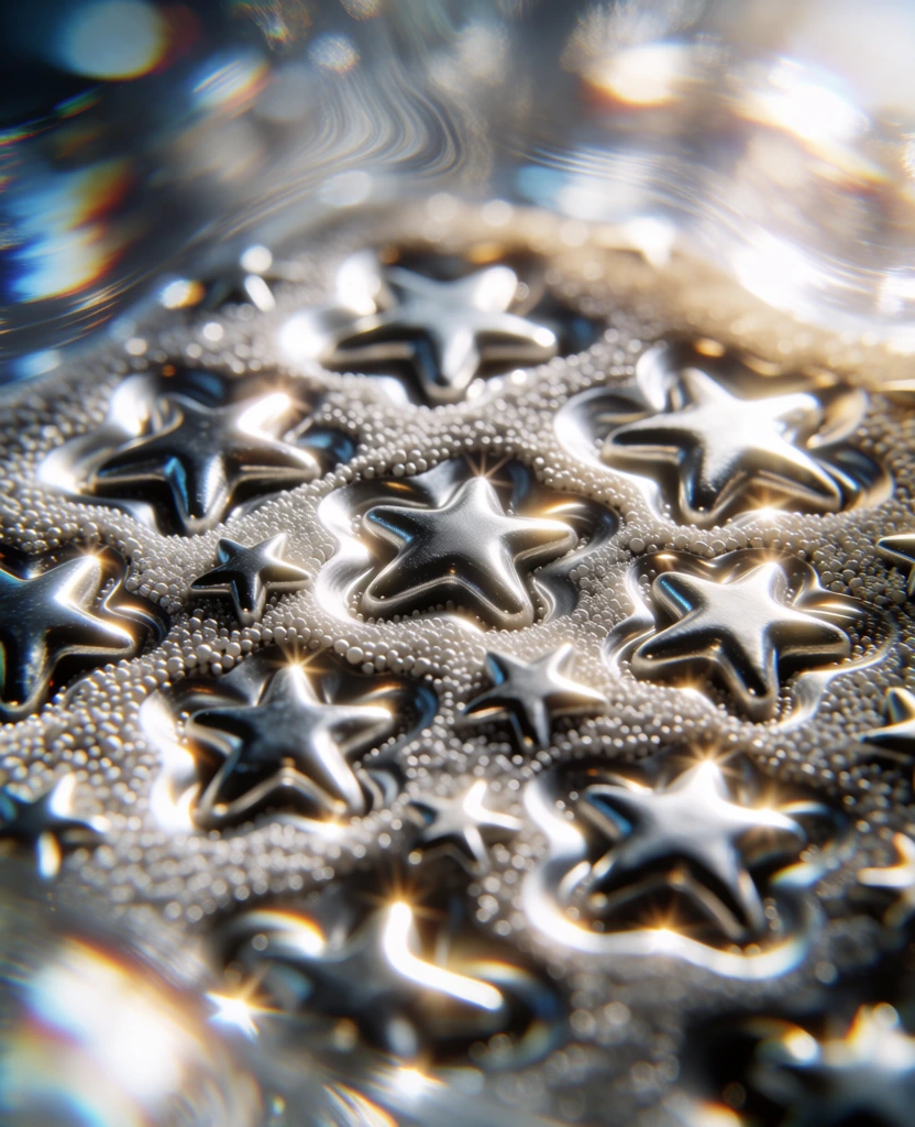 macro photography of star-shaped objects scattered across fine crystalline granules, deep warped indentations creating circular halos of light around each star, intense specular highlights and shimmering glints at contact points, dreamy painterly background with swirling liquid-like light patterns in cool blues and warm gold, high-contrast directional lighting, shallow depth of field, sharp focus on central textures, surreal and luminous aesthetic, cinematic quality, distorted reflections.