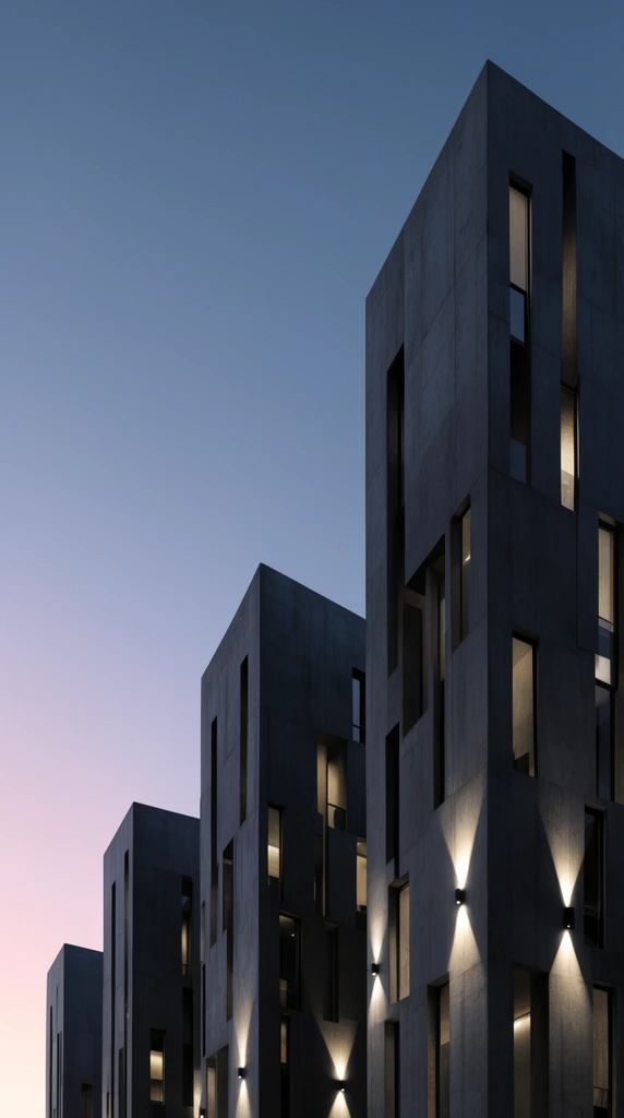 A staggered sequence of monolithic dark grey high-rises ascends diagonally against a smooth twilight sky gradient of pale pink to deep blue. The brutalist-inspired concrete structures feature vertical rectangular massing and irregular windows. Warm yellow interior lights glow from within, while exterior sconces cast sharp downward triangular beams across the flat facades. A low-angle perspective emphasizes the imposing scale and clean geometric lines of the hyper-realistic architectural scene.