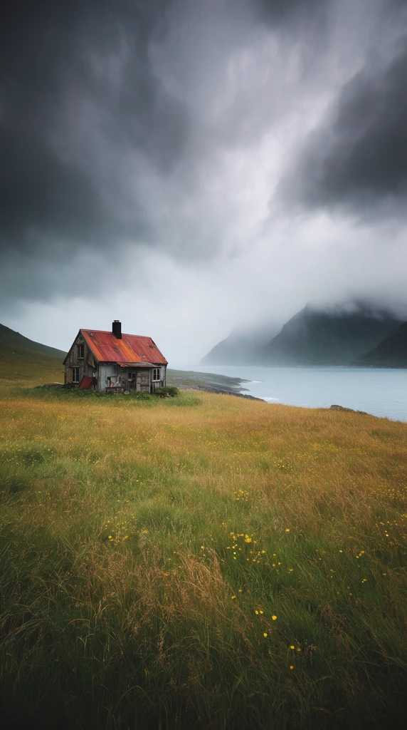 A weathered, isolated cabin sits on a sweeping coastal bluff overlooking a misty fjord beneath a dramatic, overcast sky. The rustic structure features a rusted reddish-orange corrugated roof, decaying grey siding, and a dark chimney, resting on the left side of an expansive field of tall green and golden-brown grass dotted with tiny yellow wildflowers. Pale blue-grey water stretches to the right toward imposing, dark mountain peaks partially obscured by thick, low-hanging fog. Dense, swirling dark grey storm clouds dominate the wide-angle landscape photograph. The diffused, moody lighting highlights the raw, desolate beauty of the maritime environment, emphasizing the textures of the windswept grass and the decaying metal roof.