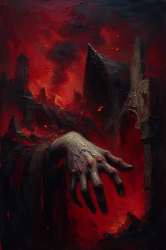 Infernal Gothic Impasto style reference image — fiery crimson accents