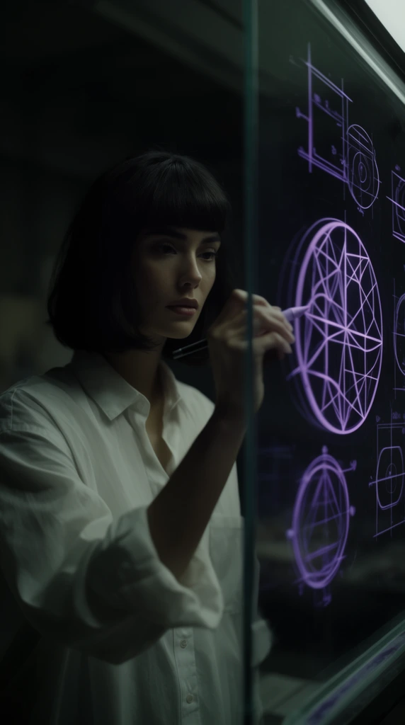 focused woman with a dark bob in a white shirt drawing glowing purple neon geometric diagrams on transparent glass, moody dark cinematic lighting