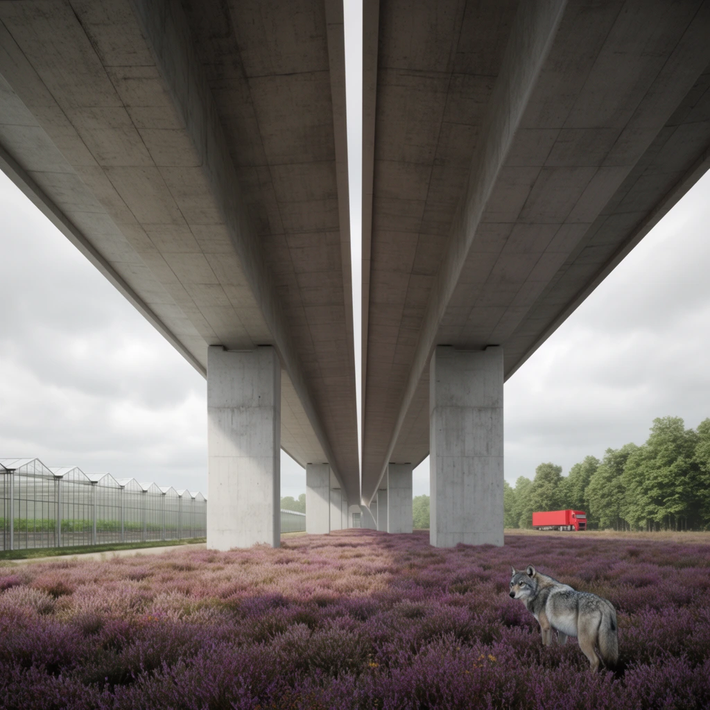 massive concrete overpass in one-point perspective, grey wolf in foreground field of purple heather, row of glass greenhouses on left, green treeline on right, distant red truck, overcast sky, architectural rendering