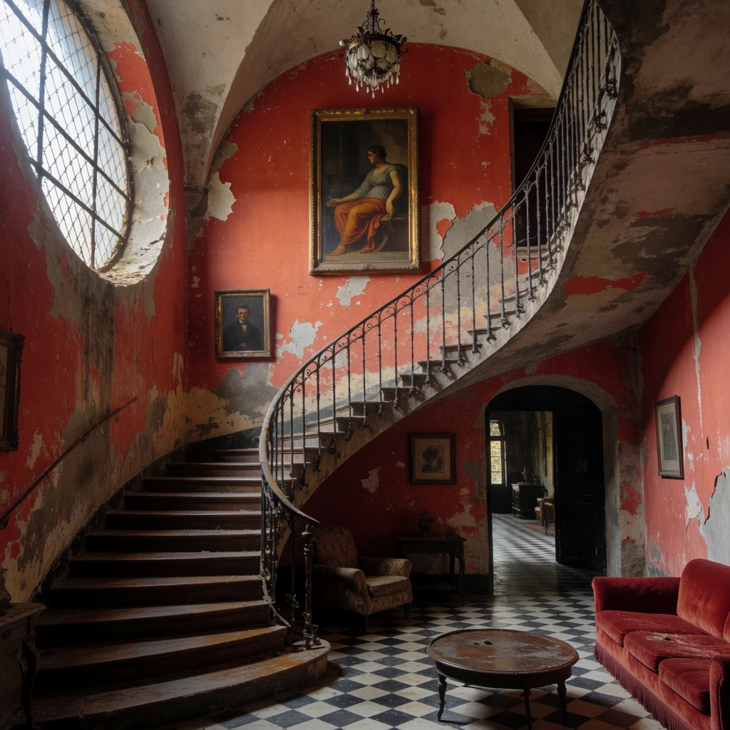 A grand, aged interior features a sweeping spiral staircase with dark wooden treads and an ornate wrought-iron railing that curves upward against distressed, peeling red walls. The walls exhibit significant wear, with large patches of the vibrant terracotta-colored paint flaking away to reveal gray masonry and plaster underneath. High on the central wall hangs a large, vertically oriented oil painting in a gold frame depicting a seated figure in classical attire, while a smaller framed portrait of a man sits lower on the same wall near the base of the stairs. To the left, a large circular window with a dark metal lattice grid allows soft, natural light to filter into the space, illuminating the vaulted, arched ceiling where a small, intricate metal chandelier with glass droplets hangs. The floor is covered in a classic black and white checkered tile pattern that recedes into a dark, arched doorway on the right, leading to another room with similar flooring and distant furnishings. In the lower right foreground, the corner of a plush red velvet sofa is visible, positioned near a low, round, dark wood coffee table. A patterned armchair and a dark side table are tucked into the alcove beneath the curve of the staircase. The overall composition uses the dramatic curve of the stairs to lead the eye through the textured, shadows-filled room, highlighting a blend of former opulence and current decay through a palette of deep reds, earthy browns, and stark monochrome tones.