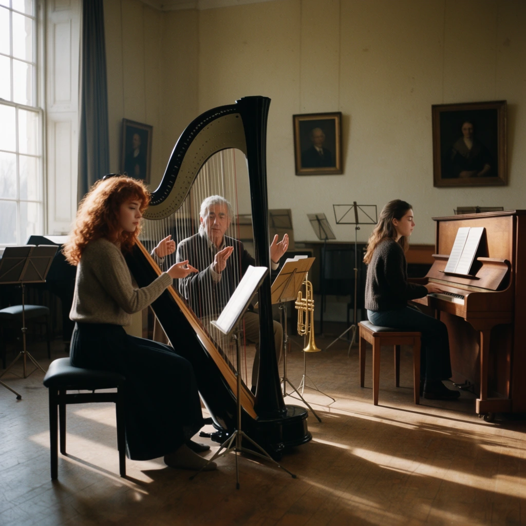young woman with curly reddish-brown hair playing a large black concert harp, older grey-haired man seated beside her gesturing with his hands, young woman in a dark sweater seated sideways at a wooden upright piano, sparse music practice room, tall window on the left casting strong directional sunlight and deep shadows across the floor, brass trumpet on a stand in the background, framed portraits on pale walls, metallic music stands, cinematic photography, wide shot, naturalistic lighting, 35mm film aesthetic, warm earthy colors