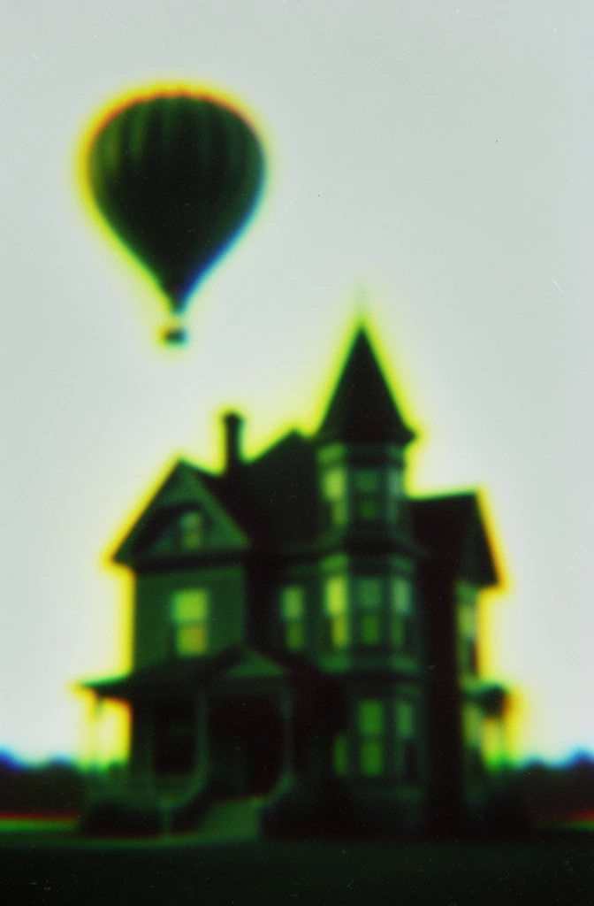 dark silhouettes of an ornate victorian house and a floating hot air balloon, rendered in a heavily blurred lo-fi aesthetic, featuring a high-contrast grainy texture like vintage thermal photography, glowing with a vibrant neon lime green and acidic yellow aura, soft-focus blooming edges against a desaturated pale grey background, chromatic aberration, dreamlike atmosphere, minimal composition, heavy film grain, diffusion filter effect, monochromatic core shapes