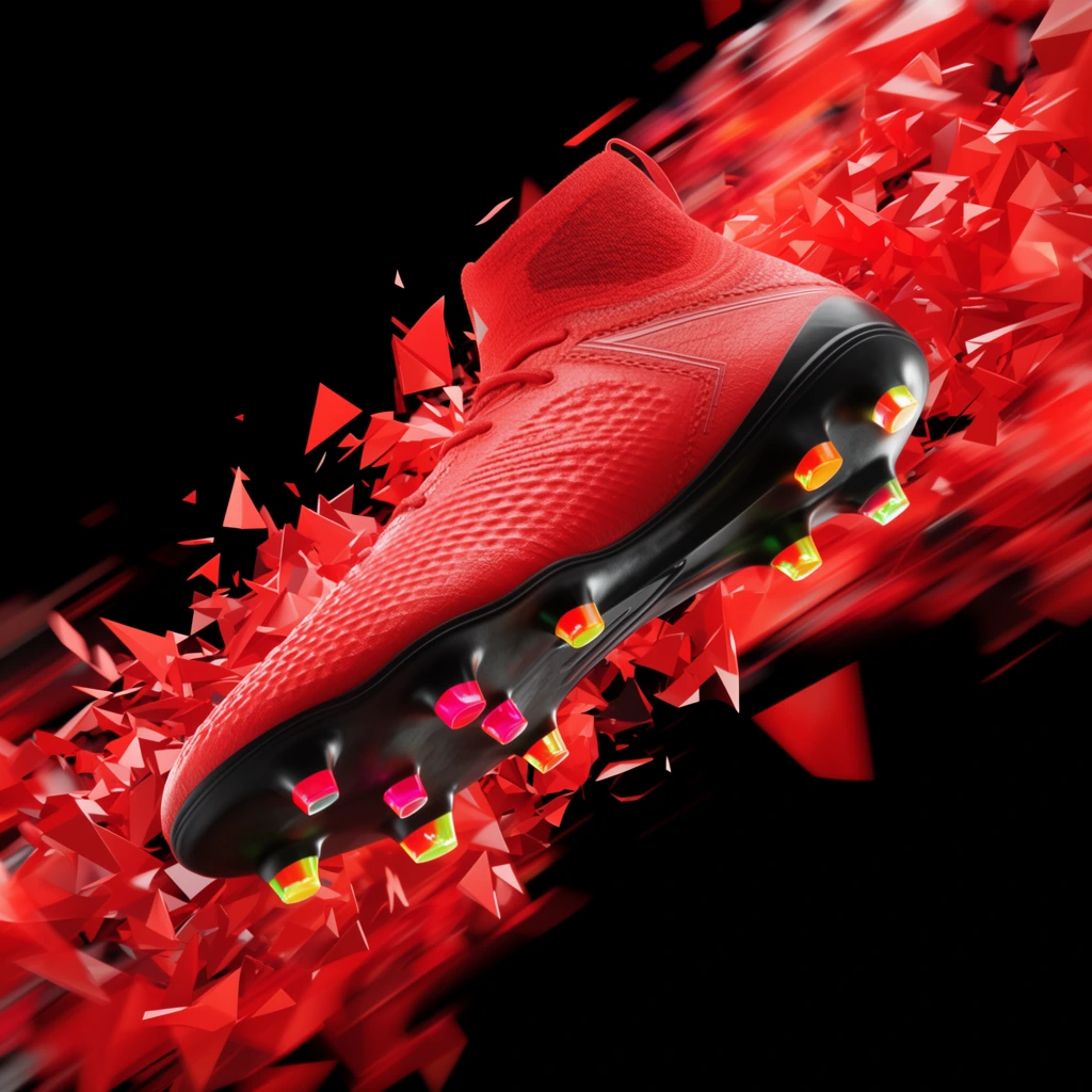 Floating red high-top soccer cleat, black sole, neon studs, shattering red geometric fragments, black background, dynamic 3D render, high-speed motion