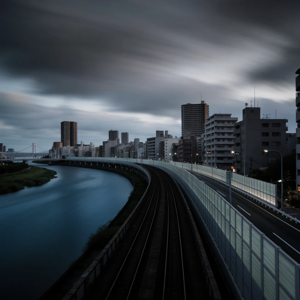 A long exposure photograph capturing a moody, overcast cityscape at dusk. A smooth, blurred dark blue river curves from the lower left into the midground, running parallel to a dark, elevated railway track. To the right of the tracks, a curving multi-lane highway is flanked by high, semi-transparent noise barriers, glowing faintly white. Streetlights dot the roadside. In the background, a cluster of mid-rise and high-rise buildings in muted gray, white, and tan tones stretch across the horizon. A distant suspension bridge spans the river. The sky is filled with sweeping, blurred gray and dark clouds, enhancing the long exposure effect and casting a dramatic, cinematic atmosphere over the scene, characterized by deep shadows and cool tones.