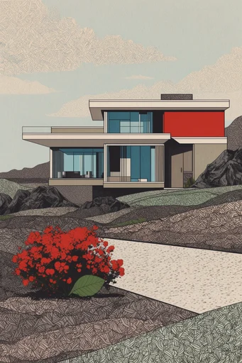 Graphic Ukiyo-e Modernism style reference image — mid-century modern architecture