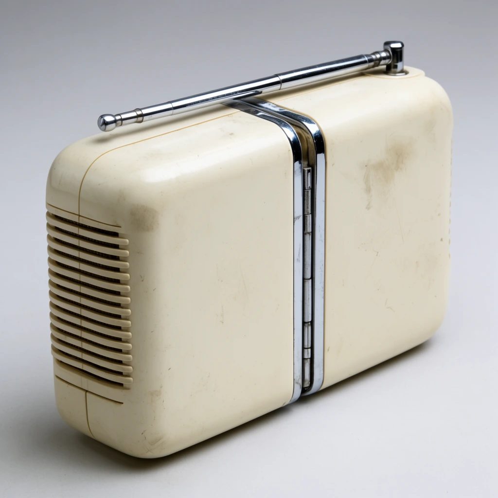 vintage off-white portable radio with rounded corners, mid-century minimalist industrial design, two halves joined by polished chrome central hinge bands, weathered cream plastic casing with surface smudges, retracted silver telescopic antenna, horizontal speaker grilles on left edge, neutral light gray background, soft diffused studio lighting, high angle product photography