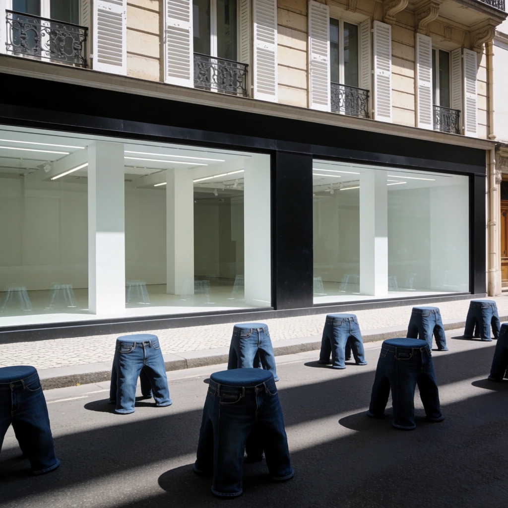 surreal street installation of dark blue denim jeans sculpted into upright stools, scattered across an asphalt road and cobblestone sidewalk, modern storefront background with expansive glass windows and thick black framing, brightly lit white interior featuring structural columns, historic cream stone building facade above with white window shutters and ornate wrought-iron balcony railings, harsh midday direct sunlight, stark diagonal shadows cast on the dark pavement, high contrast contemporary street photography, avant-garde aesthetic