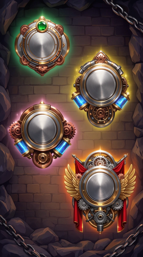 Four ornate metallic fantasy emblems hover against a dimly lit stone brick wall framed by jagged rocks and iron chains. The dimensional crests feature brushed steel and polished gold metalwork, illuminated by vibrant localized glowing auras. The top-left circular badge bears a top emerald gem. Subsequent emblems grow progressively wider, incorporating copper mechanical cogs and glowing sapphire cylinders. The most elaborate bottom-right crest features draped red pennants, sculpted golden wings, and intricate mechanical gears, rendered in a highly polished digital illustration style with rich specular highlights.