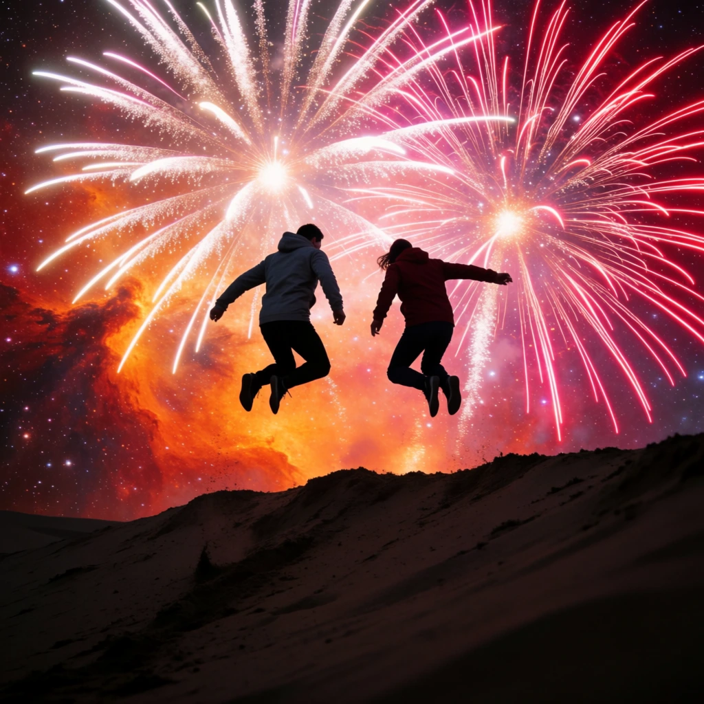 Two silhouetted figures suspended mid-jump above a dark sand dune against a surreal cosmic sky exploding with massive fireworks. The left jumper wears a grey hooded jacket with tucked legs, while the right figure mirrors the leap in a dark red jacket. The heavily shadowed, undulating earthen terrain slopes downward. Behind them, a fiery, star-filled nebula in deep orange and red is overlaid with enormous firework bursts radiating glowing white, neon pink, and crimson trails. These brilliant pyrotechnic streaks sharply backlight the airborne figures. A low-angle perspective emphasizes the dynamic height of the leap, contrasting the pitch-black terrain with the hyper-vibrant celestial backdrop.