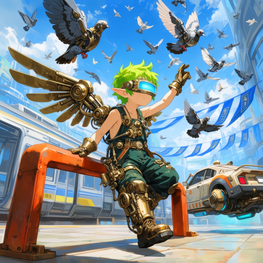 young elf boy, bright green hair, steampunk mechanic overalls, mechanical brass wings, glowing blue visor, sitting on orange metal barrier, swatting away flock of mechanical pigeons, parked hover-car, futuristic train plaza background, blue banners, bright sunny day, clear blue sky, anime illustration style, dynamic wide angle, vibrant colors, cinematic lighting