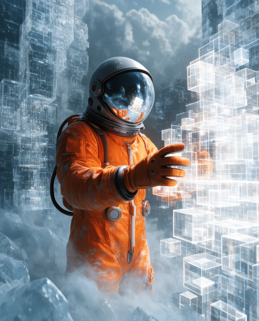 astronaut in bright orange spacesuit, reflective helmet, interacting with glowing white digital cubes, translucent glass skyscrapers, icy atmospheric fog, sci-fi 3D render