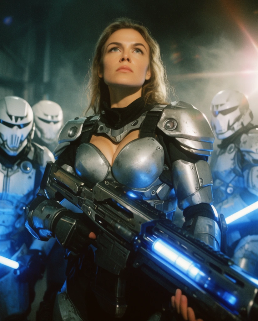 female mercenary leader in bulky silver tactical armor, holding a heavy energy rifle, focused upward gaze, flanked by armored shock troopers in white helmets wielding glowing batons, dark industrial setting, thick fog, cinematic blue rim lighting, dramatic lens flares, low angle medium close-up, 35mm film photography