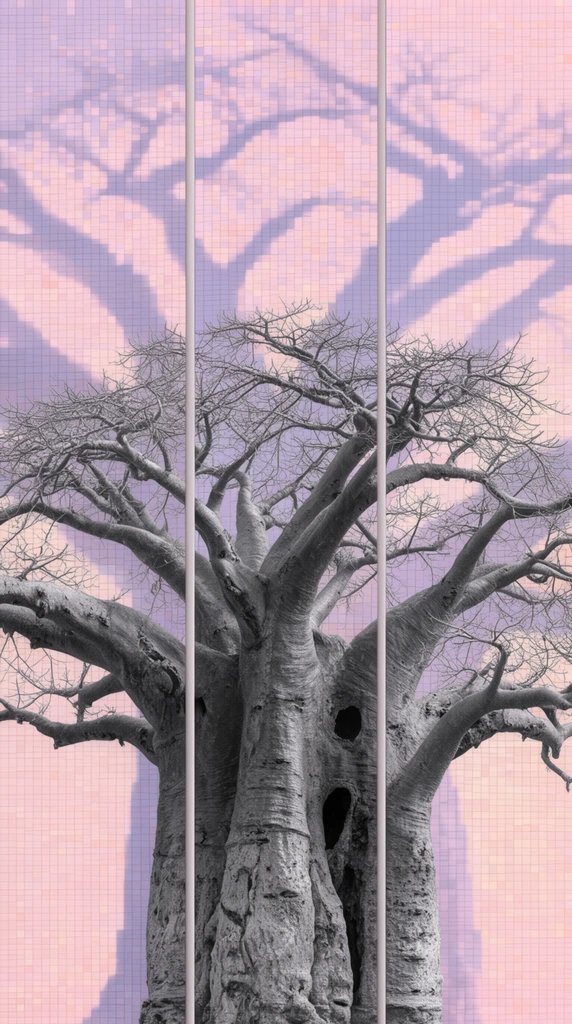 massive leafless baobab tree in detailed grayscale, thick textured trunk with dark hollows and twisted branches, split vertically into a three-panel triptych, background of tiny pixelated grid mosaic in pastel pink purple and peach hues, geometric grid forms shadow silhouettes of large branching trees, conceptual mixed media art, contrast between organic photorealistic foreground and digital geometric background, flat lighting, crisp clear panel divisions