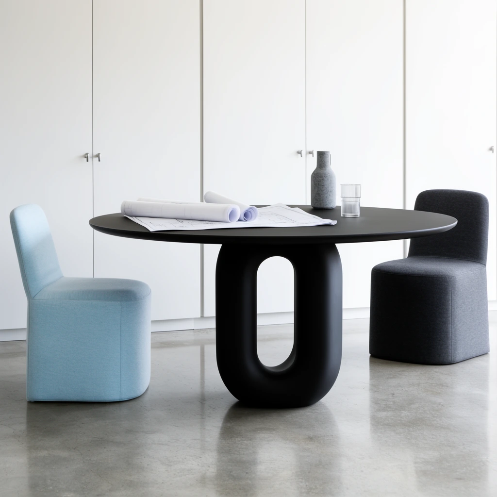 A minimalist interior centers on a matte black table featuring a thick base with a large, hollow pill-shaped cutout. Rolled blueprints, a textured grey carafe, and a ribbed glass rest on the surface. Two seamlessly upholstered chairs, one light blue and one dark grey, sit nearby on a polished concrete floor. The bright scene is backed by floor-to-ceiling seamless white cabinetry with minimal silver hardware under soft, diffused natural lighting.