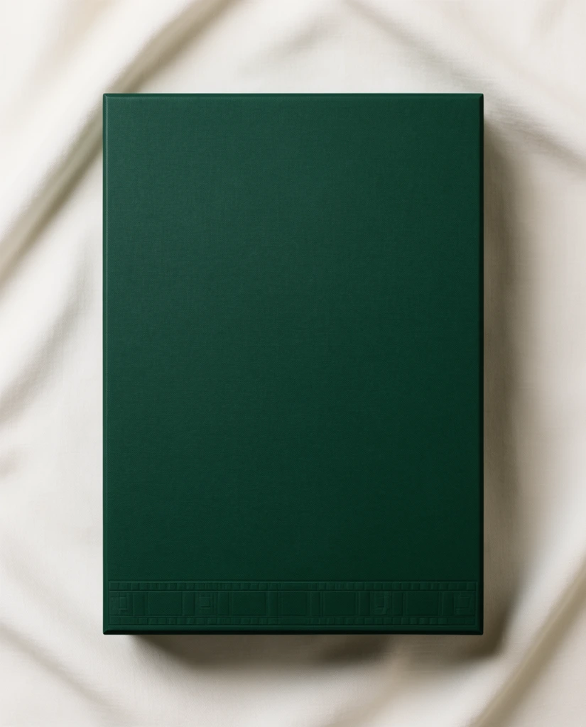top-down view of a dark forest green rectangular presentation box resting on off-white textured fabric with gentle diagonal folds, matte fine-linen finish on the box surface, subtle embossed geometric detailing along the lower edge, soft diffused studio lighting casting a shallow drop shadow beneath the box, elegant minimalist product photography, rich color contrast between deep green and creamy white