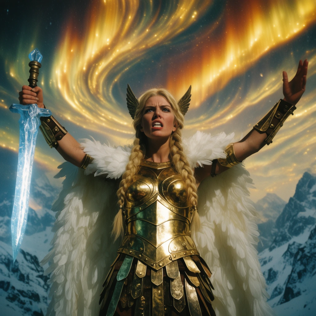 fierce valkyrie with blonde braids, wearing golden plate armor and a white feathered cloak, arms raised wide in a commanding gesture, holding a glowing icy broadsword in her right hand, swirling golden auroras and snowy peaks in background, dramatic low angle, epic vintage cinematic lighting, rich technicolor film style