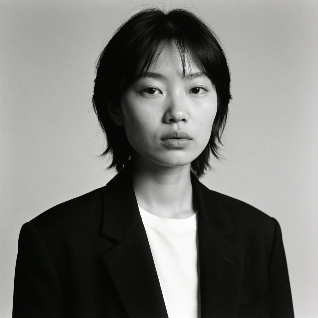 A high-contrast black and white studio portrait of a young Asian woman with a direct, neutral gaze. She features short layered hair with wispy bangs and wears a structured black blazer over a crisp white t-shirt, positioned against a seamless soft grey backdrop. Soft directional front-left lighting casts gentle shadows along her jawline and neck. The monochrome film photography style highlights the sharp tonal contrast between her deep black clothing, dark hair, and luminous skin texture, emphasizing a minimalist and stark editorial aesthetic.