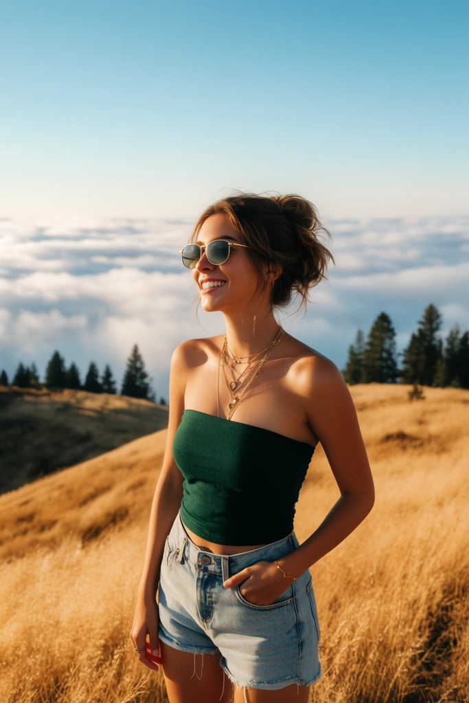 A smiling young woman stands on a golden grassy hillside overlooking a thick blanket of white clouds. She wears a dark green strapless top, denim cutoffs, sunglasses, and layered gold necklaces, her brown hair pulled into a casual updo. Dark pine trees dot the distant ridge beneath a clear blue sky. Warm golden hour sunlight illuminates the subject from the left side.