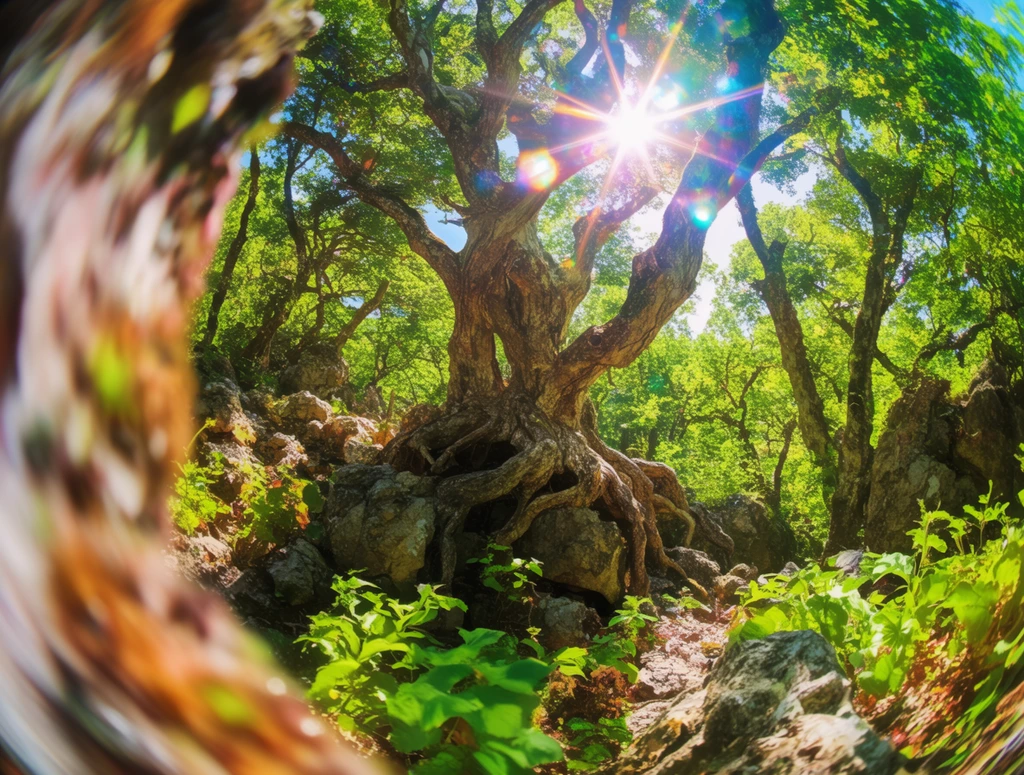 A large tree with a thick, gnarled trunk and sprawling roots sits perched on rugged rocks within a vibrant forest, surrounded by lush plants and secondary trees. The composition utilizes an extreme wide-angle fisheye perspective, characterized by a massive, heavily blurred out-of-focus foreground element dominating the entire left edge of the frame. The central gnarled tree and surrounding rocky terrain remain in crisp, hyper-realistic focus in the midground. Intensely bright, direct sunlight bathes the scene, featuring a radiant, multi-pointed sunburst with distinct optical flares piercing through the upper background. The color palette is hyper-saturated and ultra-vibrant, pushing intense neon greens in the foliage and deep, high-contrast shadows across the textured bark and rocks. The overall visual execution mimics glossy, high-key commercial digital photography with exaggerated color rendering, vivid lighting, and a deeply forced depth of field.