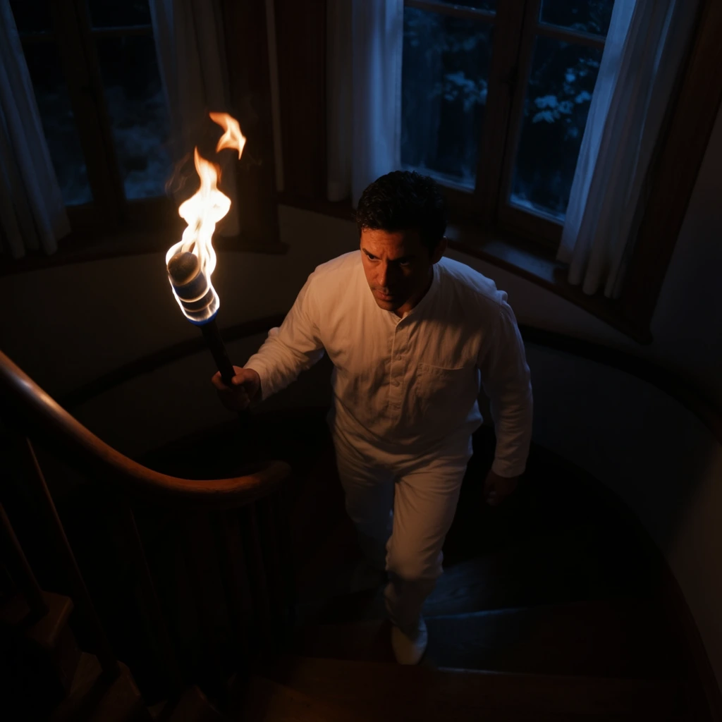 A man dressed in stark white ascends a dimly lit, curved wooden staircase while holding a flaming torch. His dark hair and focused face are dramatically illuminated by the bright orange glow of the fire, contrasting sharply with the deep interior shadows. A smooth wooden banister sweeps through the left foreground. In the background, windows framed by white curtains reveal a cold, blue-toned night sky and faint tree silhouettes. Captured from a high angle looking down, the cinematic composition relies on stark low-key lighting and intense chiaroscuro, pitching the fiery warmth of the torch against the cool, moody darkness of the architectural setting.