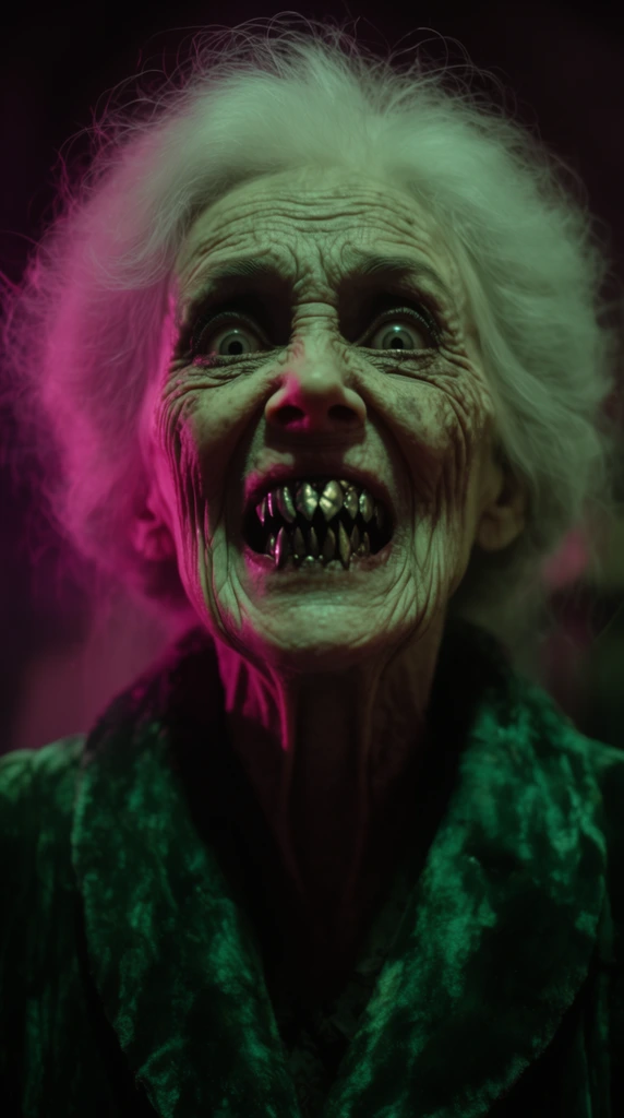 extreme close-up of a terrifying gaunt elderly woman staring menacingly into the lens, highly textured pale skin with deep wrinkles, wild white hair, bared jagged metallic teeth, wide intense eyes, wearing a heavy emerald-green velvet coat, dark indistinct background, cinematic photography, low angle perspective, striking neon magenta and toxic green split lighting casting harsh facial shadows, shallow depth of field, high contrast, sinister atmosphere