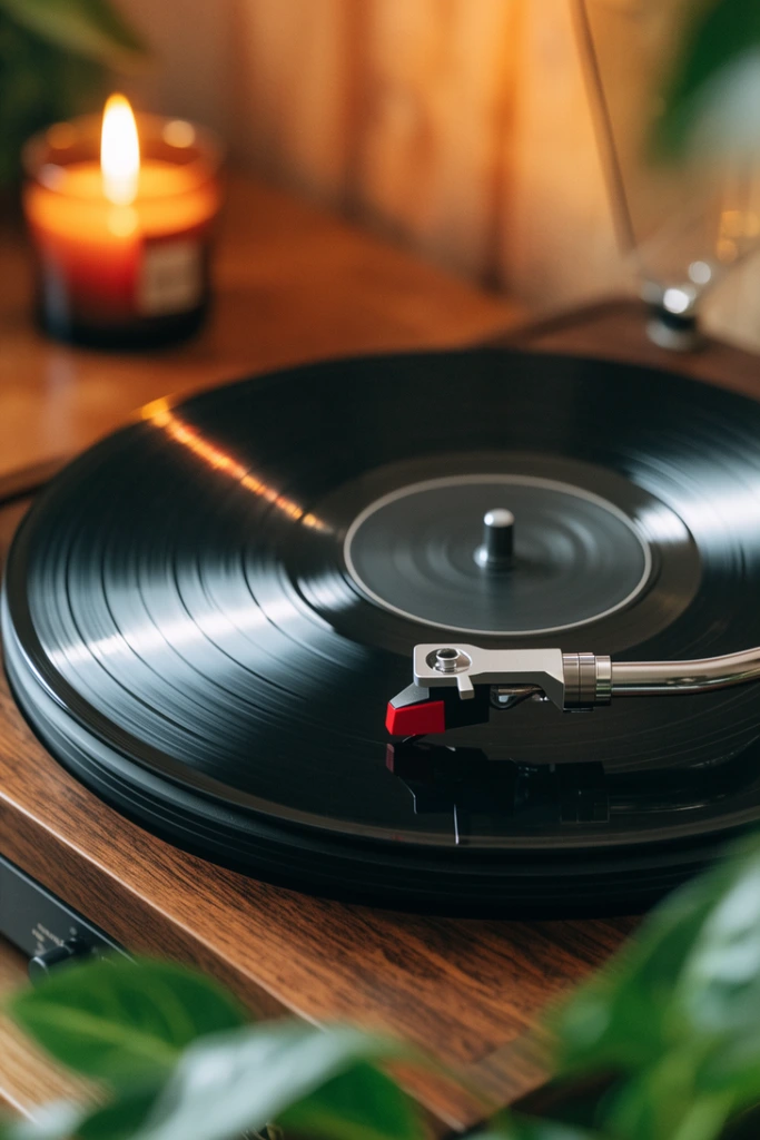 A close-up of a wood-grain turntable playing a glossy black vinyl record. The silver tonearm and red-tipped stylus rest on the grooved surface. Warm light from a lit candle in the blurred background illuminates the spinning disc, while out-of-focus green leaves frame the foreground.
