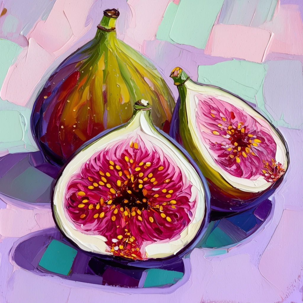 A highly textured impasto still life painting displays three figs arranged closely on a pastel lavender surface. A prominently placed halved fig in the foreground reveals a vibrant magenta and deep red interior, heavily dotted with bright yellow seeds and framed by a thick white pith. Behind it rests a whole fig with mottled olive green, yellow, and crimson skin, alongside a second halved fig tilted upwards to expose its saturated pink flesh. Thick, sculptural brushstrokes create a highly tactile, dimensional surface, utilizing deep violet and teal geometric patches for shadows. The surrounding background consists of broad, abstract strokes of pale pink, mint, and lilac.