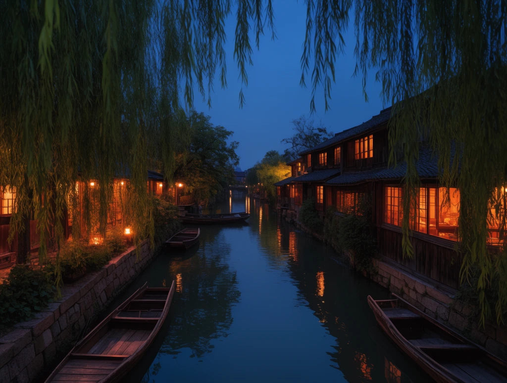 A twilight canal framed by weeping willow branches. Traditional wooden buildings with glowing amber windows line the stone banks. Warm light reflects on the dark water, where empty wooden boats are moored beneath a deep blue evening sky.