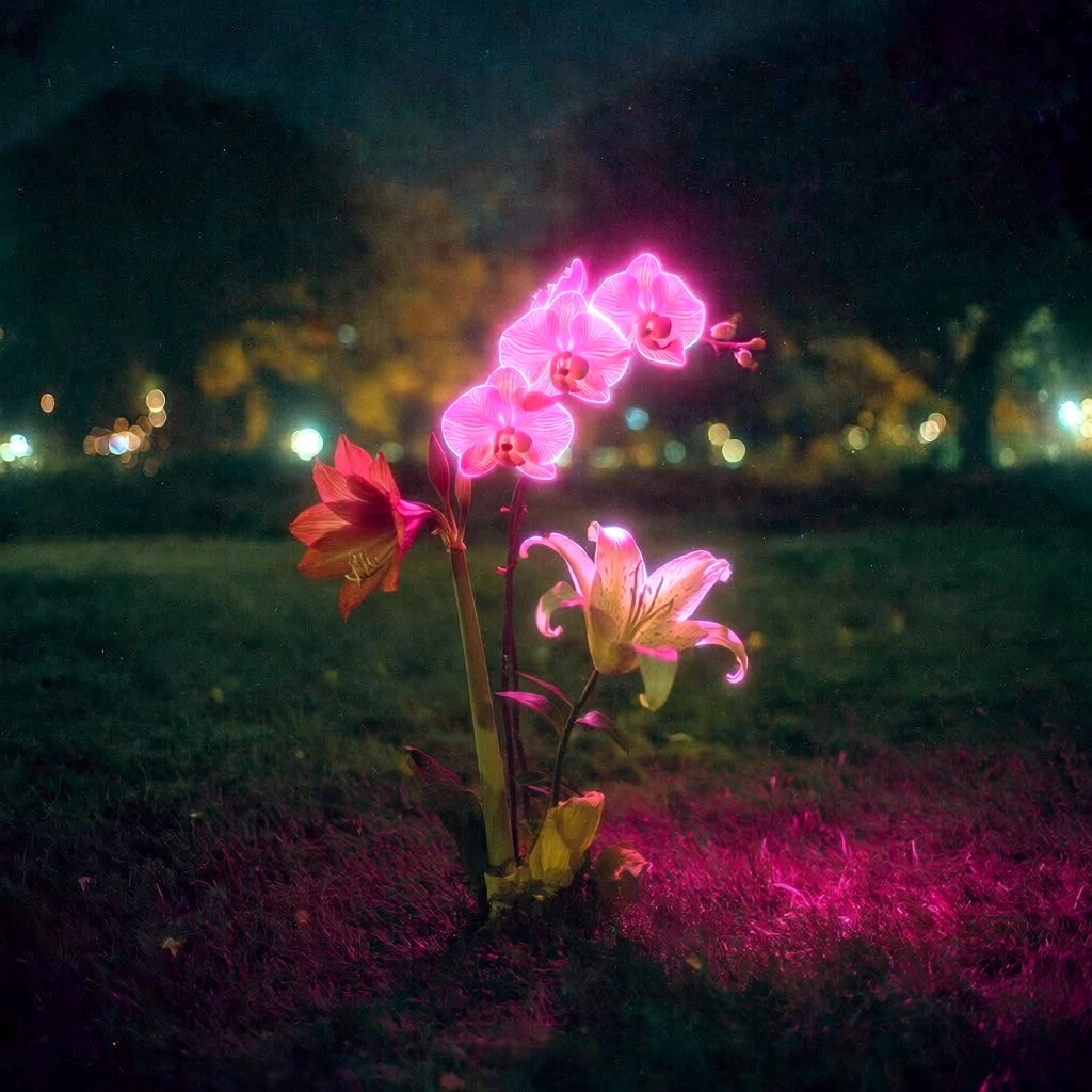 vertical arrangement of an amaryllis, orchids, and a lily centered in a dark night field, flowers emitting an intense neon pink and soft yellow ethereal glow casting light on the grass, dreamy and hazy atmosphere with soft focus, distant warm golden bokeh lights flickering against dark silhouettes of trees, cinematic low-light photography, mystical aesthetic, saturated magenta and deep forest green tones, soft bloom effect, film grain texture.