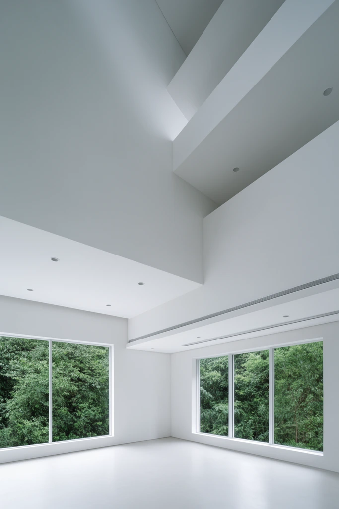 A minimalist, empty white interior is defined by sharp, intersecting geometric planes and a multi-level ceiling with recessed lights and linear vents. Pristine white walls and smooth floors create a stark monochromatic space. Large cleanly framed windows reveal dense, vibrant green foliage, providing a striking organic contrast to the crisp, angular architecture. Soft diffused natural light highlights the pristine surfaces and deep structural recesses.