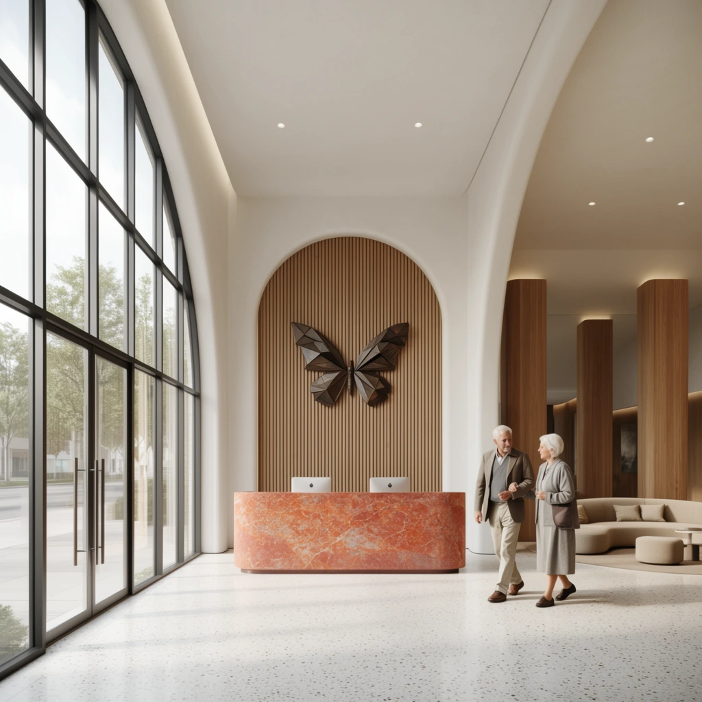 modern minimalist reception lobby, older man and woman walking and conversing, natural daylight from large left grid windows, white terrazzo floor, reddish-orange veined stone desk, arched wood-slat wall displaying a dark geometric butterfly sculpture, adjacent right lounge area with wood pillars and beige curved sofa, architectural visualization style, wide eye-level perspective, neutral palette with warm wood accents
