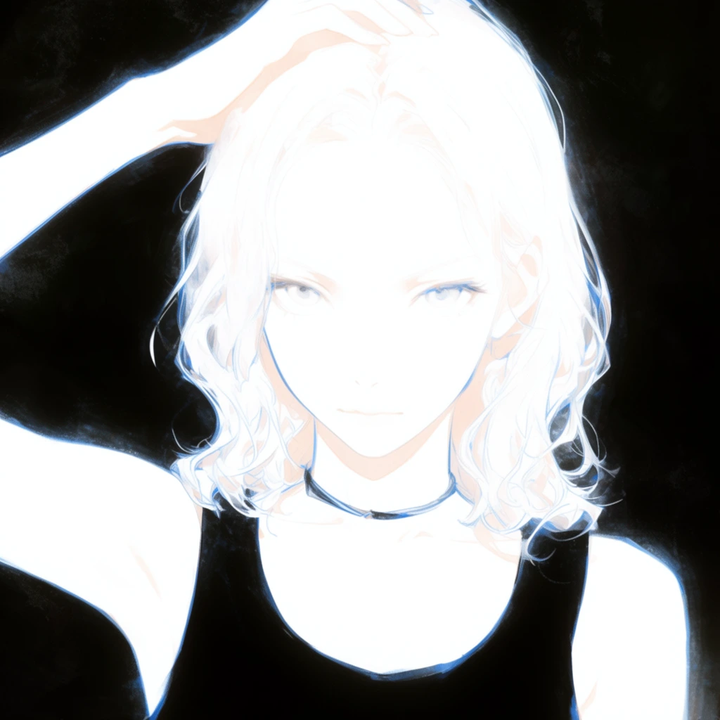 stylized digital portrait of a young woman, intense direct gaze, overexposed brilliant white skin and wavy shoulder-length hair, glowing ethereal appearance, raised right arm with hand resting on head, black tank top, thin dark choker necklace, stark black background with subtle painterly textures, extreme high contrast, anime-influenced illustration style, minimalist color palette of pure white and deep black with faint peach shading, subtle blue line-art highlights, dramatic lighting