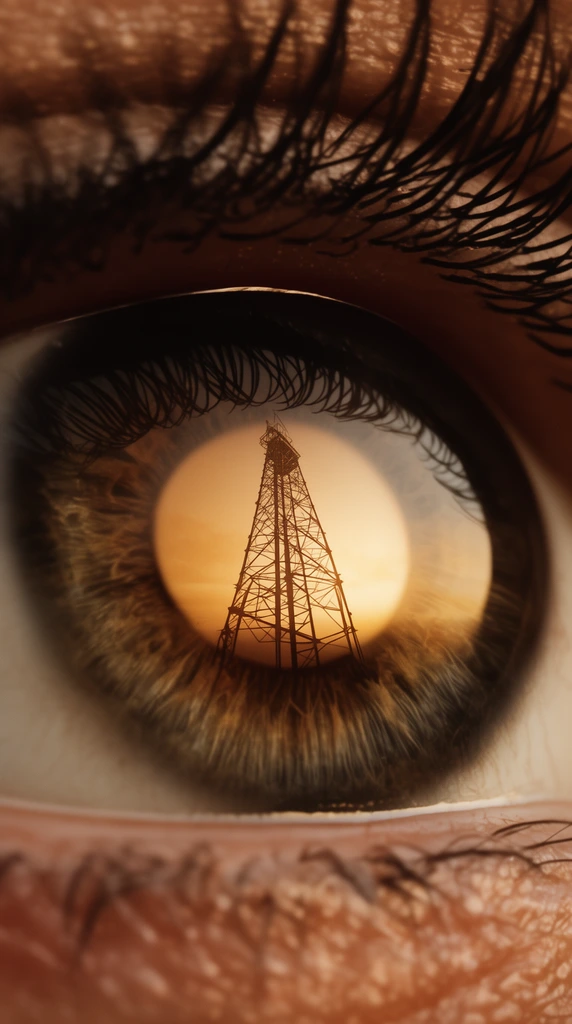 extreme macro shot of a human eye, sharp reflection of a tall iron lattice tower centered within the iris, warm glowing sunset background inside the pupil, detailed dark eyelashes, textured skin, surreal composition, sepia and golden tones, photorealistic