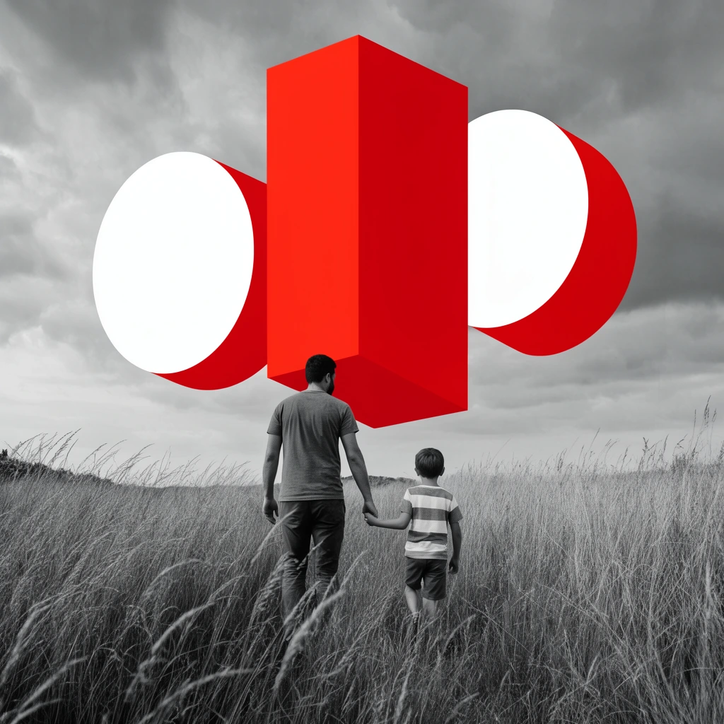 Man and young boy holding hands walking away through tall grayscale grass, viewed from behind, surreal mixed media landscape, giant vivid red and white 3D geometric shapes floating in the sky, central red rectangular prism, overlapping white circles with flat red shadows, overcast monochrome sky, stark contrast between black-and-white nature photography and vibrant graphic elements