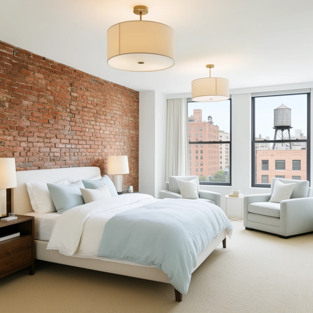 bright spacious bedroom, exposed brick wall, bed with white and pale blue linens, two light gray armchairs by large windows overlooking city buildings and water tower, beige carpet, drum pendant lights, clean interior photography